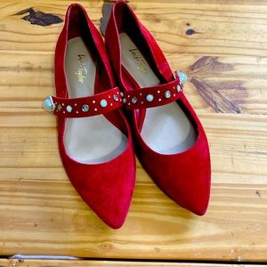 Lord &Taylor size 6.5 Red Suede Flats with Stones on Strap Good Condition